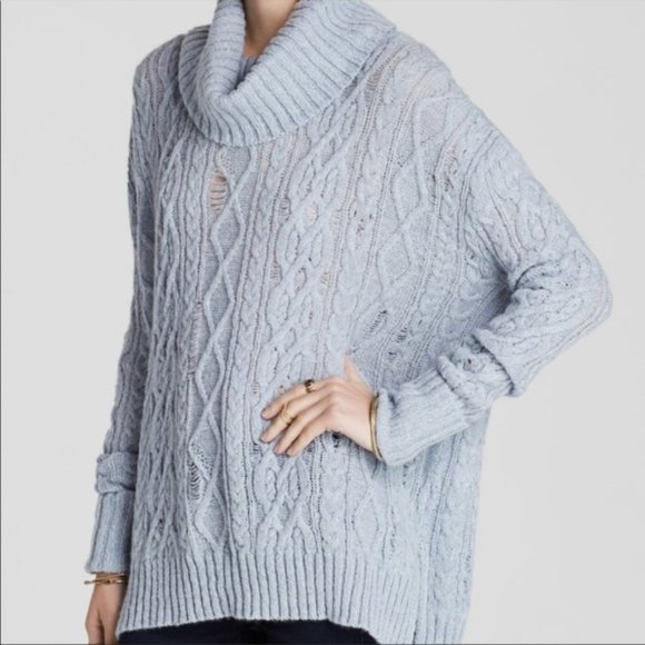 Free People blue heather cowl neck Cable aran tunic sweater wool oversized L
